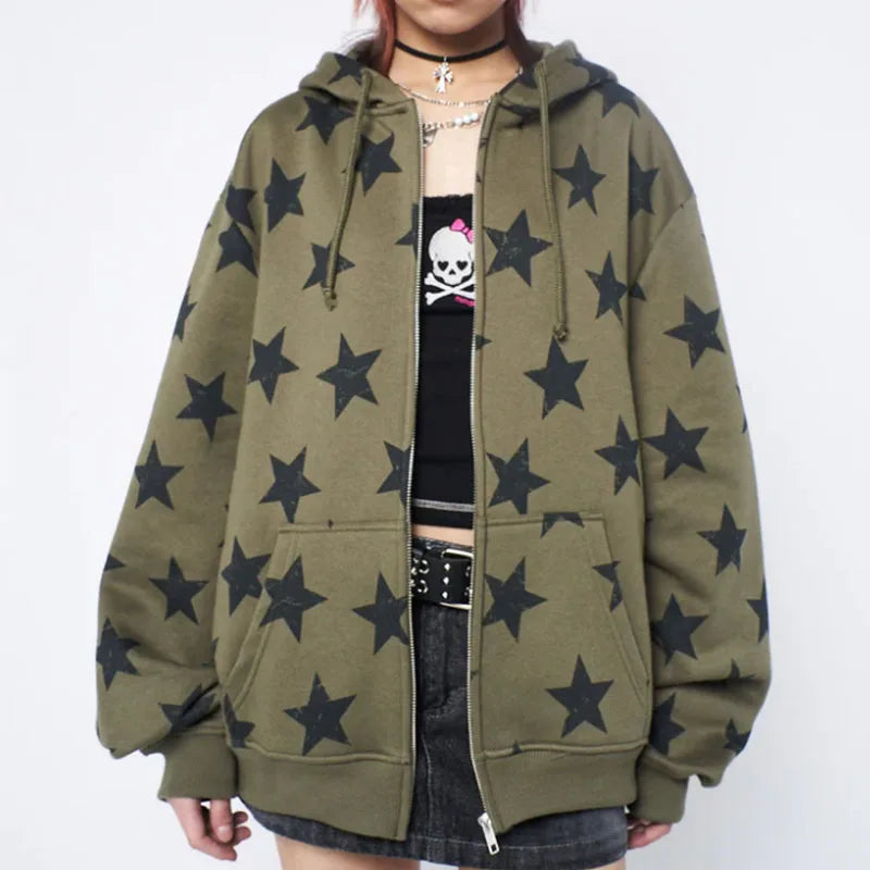 Y2k Green Star ZipUp Hoodie