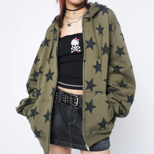 Y2k Green Star ZipUp Hoodie